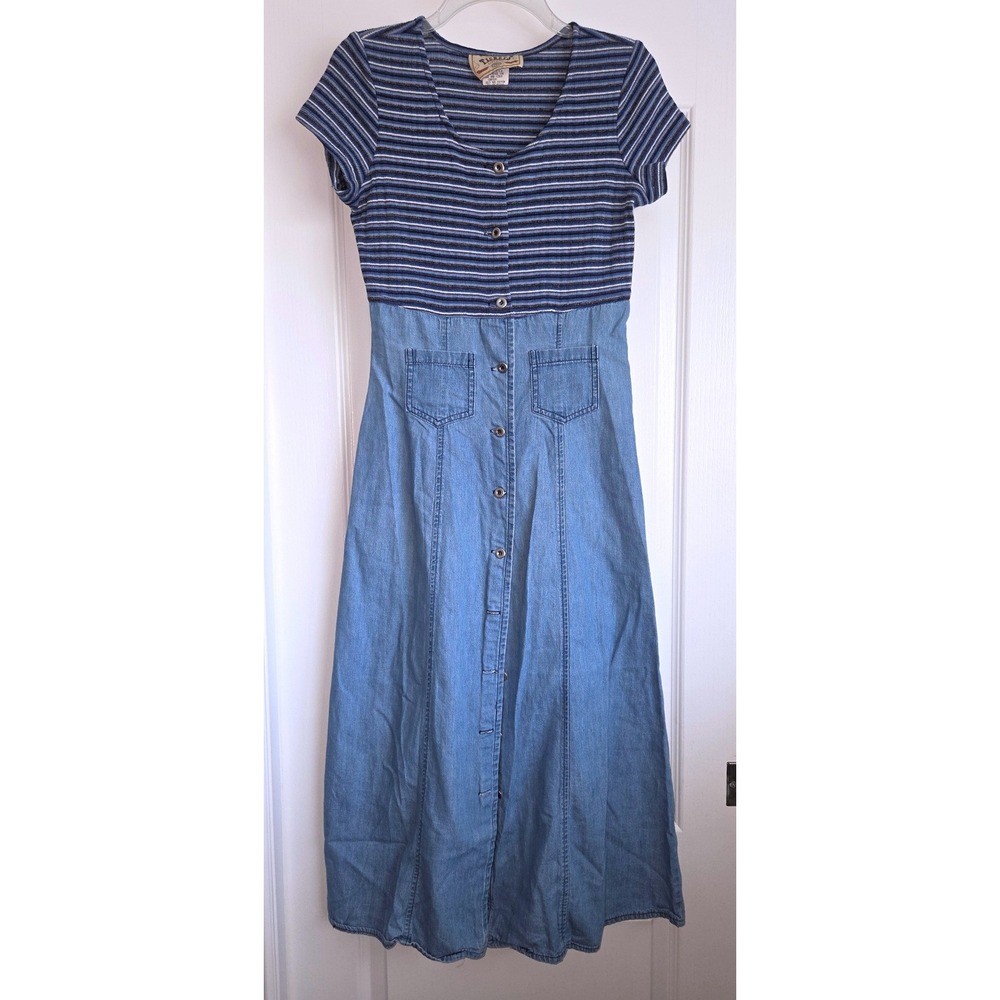 VTG Tickets Clothing Striped‎ Denim Maxi Dress Blue 90s Mixed Media Sz L Boho
